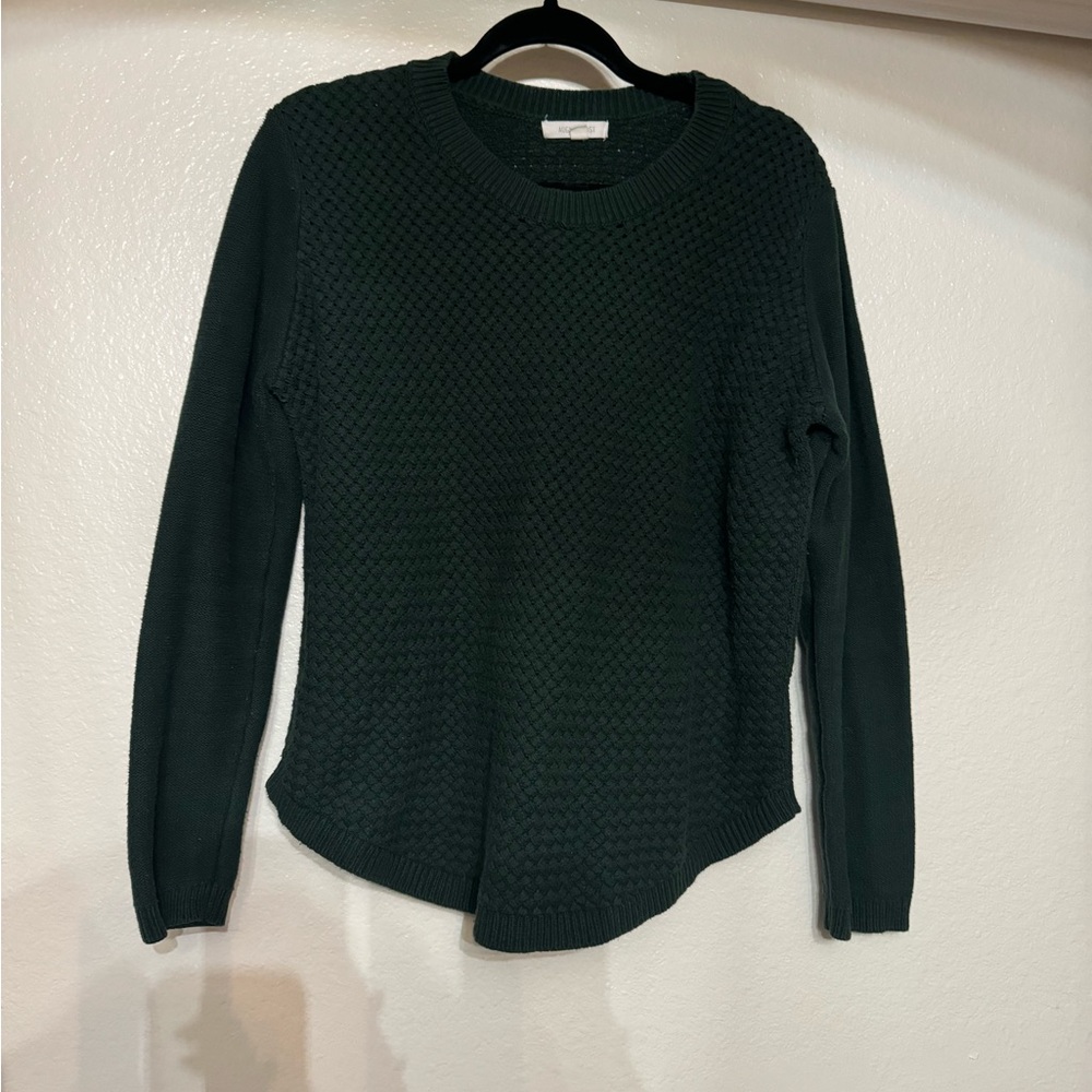 August Mist, crew neck open weave green sweater with brown elbow patches. Size L